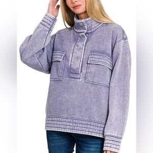 Acid Wash Half Snap Fleece Sweatshirt